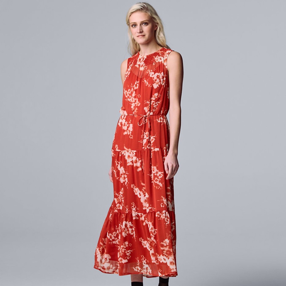 SimplyVera Vera Wang Chiffon Maxi Dress, Large, Floral Auburn Red